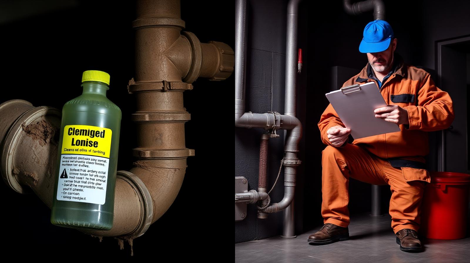 Plumbing myths vs facts — corroded pipe with chemical cleaner next to professional plumber inspecting modern plumbing