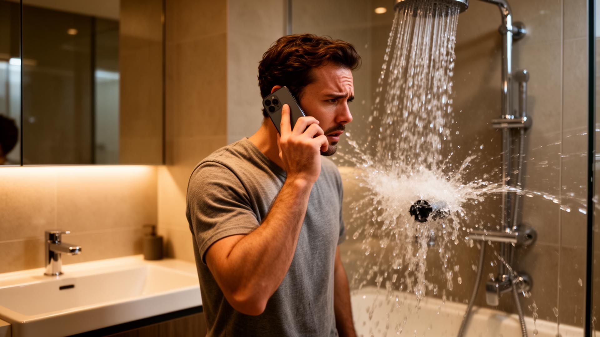 Homeowner calling emergency plumber during a burst pipe in a Sydney bathroom